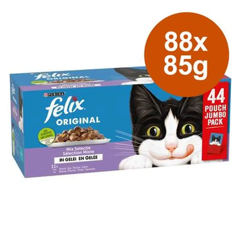 Felix Original Mix in Jelly Saver Pack 88 x 85g - Mixed Pack (Salmon, Tuna, Beef, Chicken)