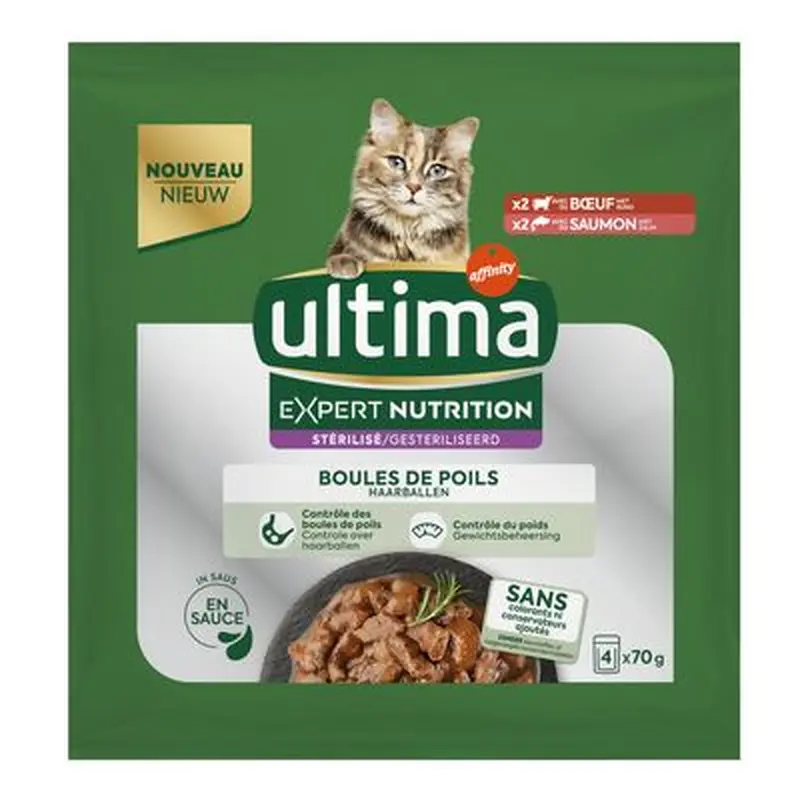 Ultima Cat Expert Nutrition Hairball Beef & Salmon - 4 x 70g