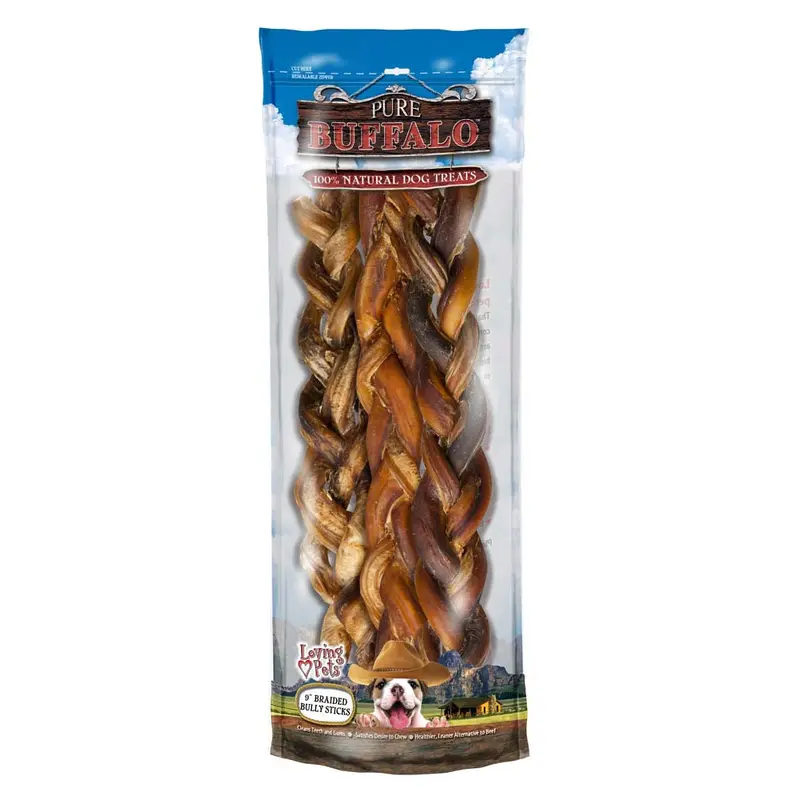 Loving Pets Pure Buffalo Braided Bully Sticks Dog Treat 9in 2pk