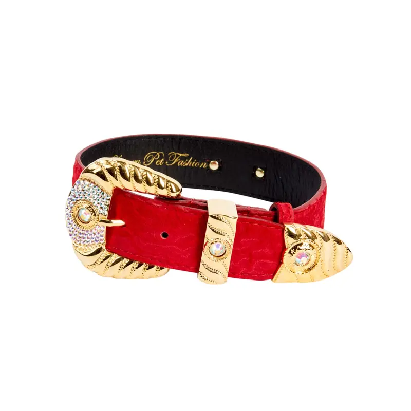 Red Hair On Hide Italian Leather Collar With Ornate Swarovski Hardware