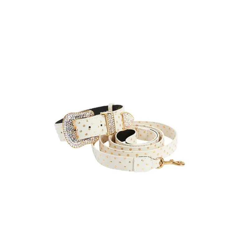 White and Gold Polka Dot Italian Leather/Swarovski Crystal Hardware Collar & Leash Set