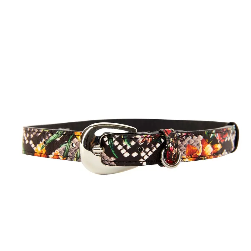Floral, Scull, Snake Print Italian Leather Collar With Silver Oval Hardware
