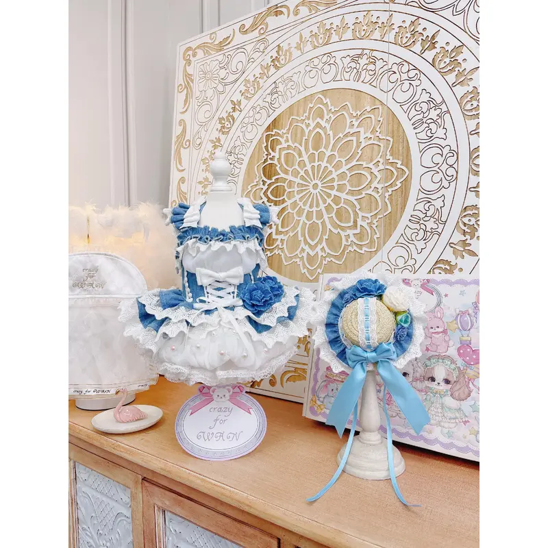 High quality handmade dog dresses denim+hat
