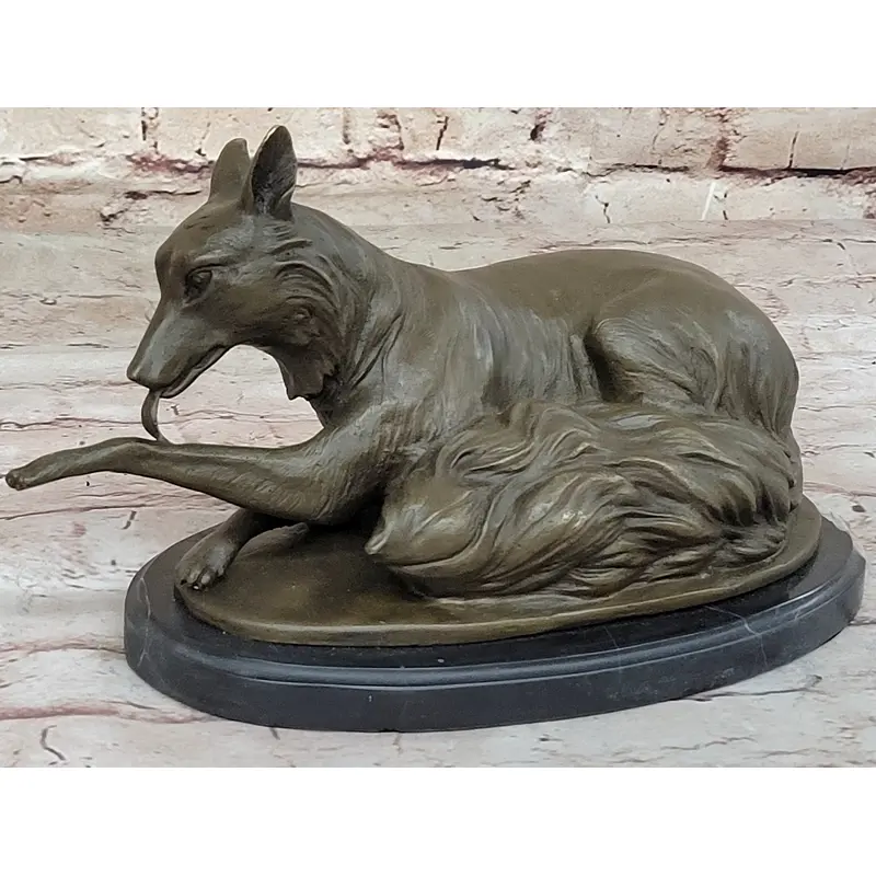 German Shepherd Bushy Tailed Dog Licking Paw Bronze Statue Sculpture Original Milo