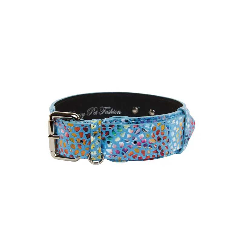 Luxury Pet Fashion Blue Floral Mosaic Italian Leather Collar