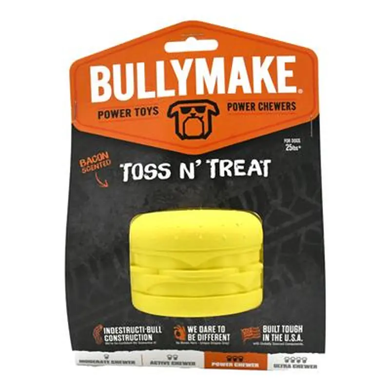 BullyMake Toss n' Treat Flavored Dog Chew Toy Cheeseburger, Bacon
