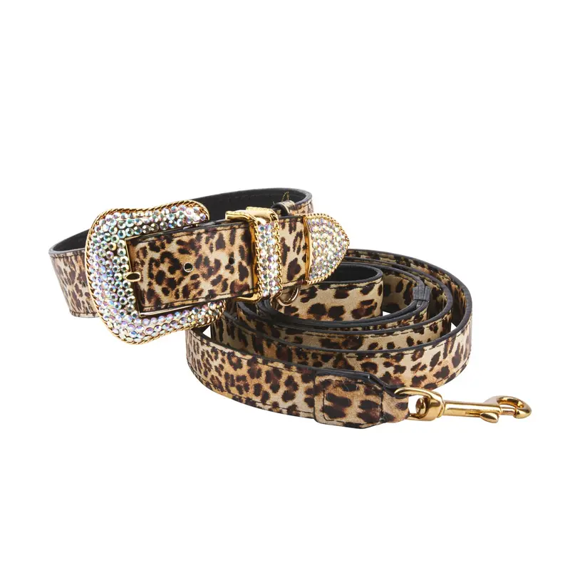 Leopard Print Italian Leather Collar & Leash Set With Swarovski Crystal Hardware