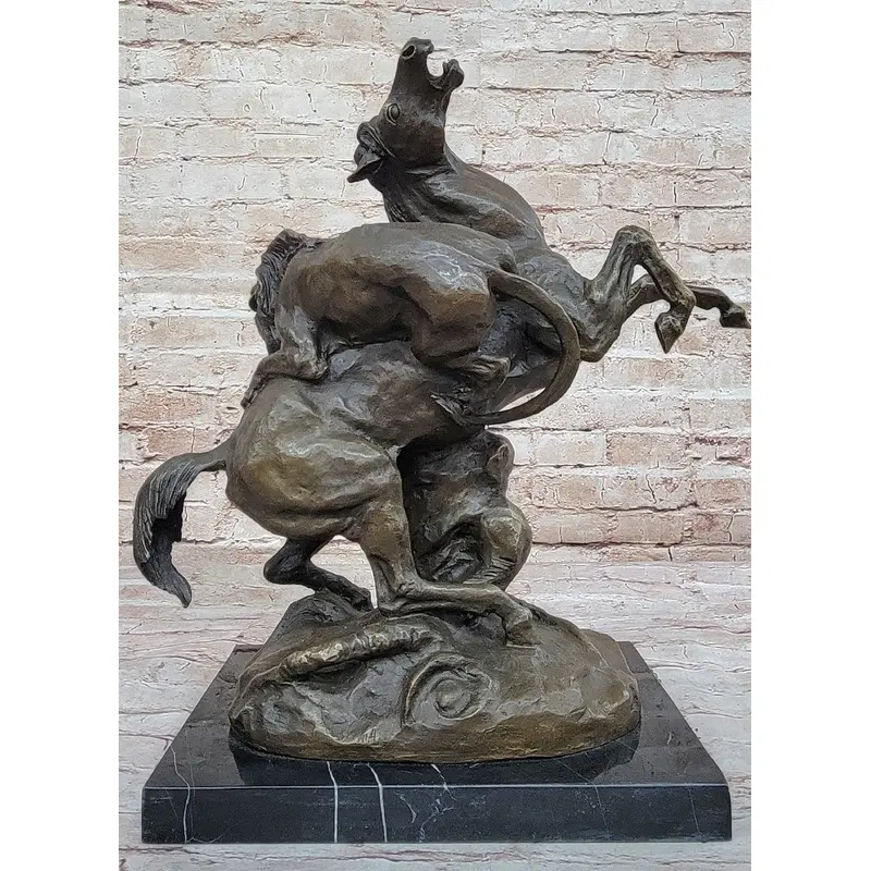 Lion Attacking Horse - Bronze Metal Sculpture by Antoine Barye on Marble Base