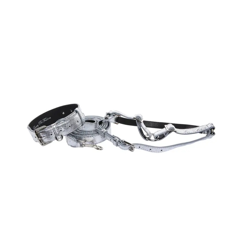 Silver Studded Italian Leather Classic Collar, Leash, Harness Set