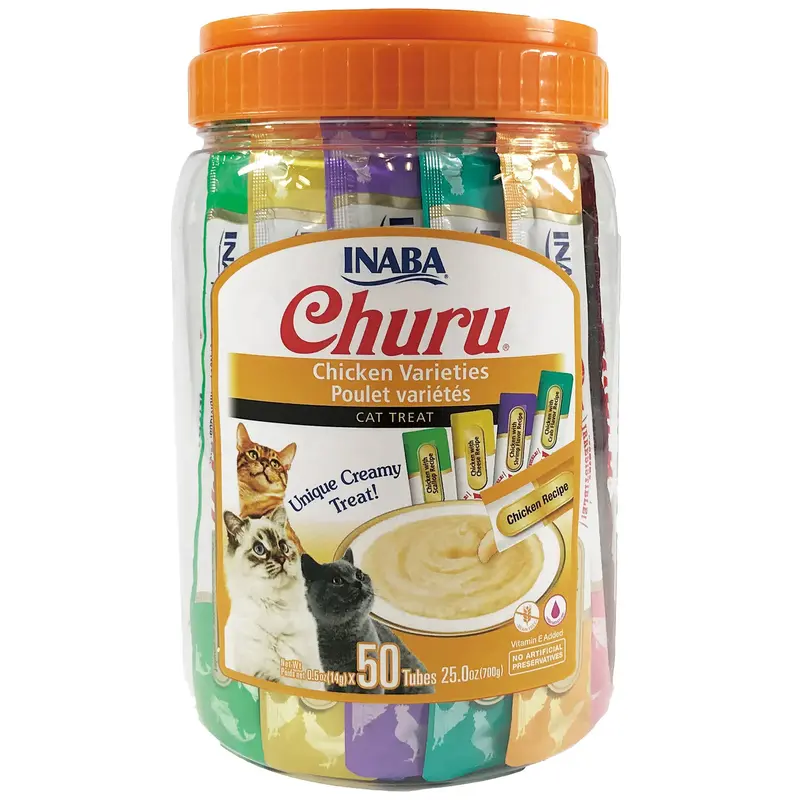 INABA Churu Creamy  Lickable Pure Cat Treat w Taurine  0.5 oz  50 Tubes  Chicken Variety