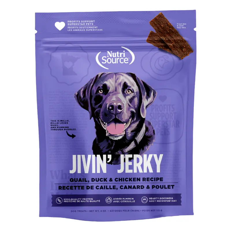 Nutrisource Jivin Jerky Strips Dog Treat Quail Duck and Chicken Recipe 4 oz