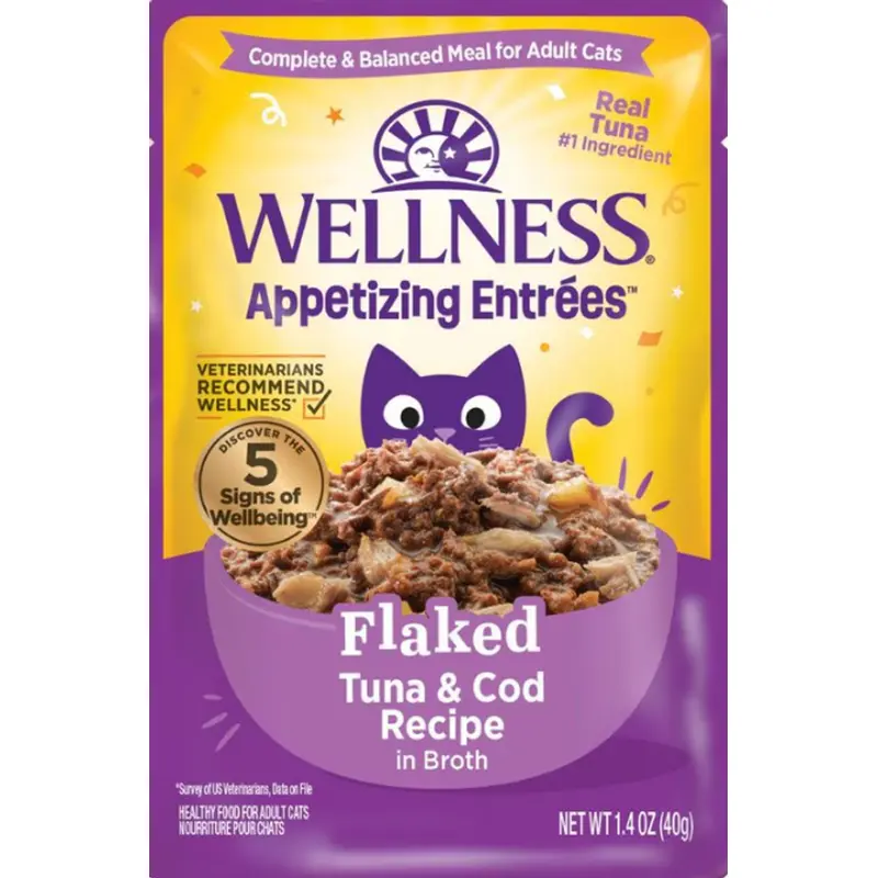Wellness Appetizing Entrees Flaked Cat Food Pouch Tuna & Cod in Broth Recipe 1.4oz