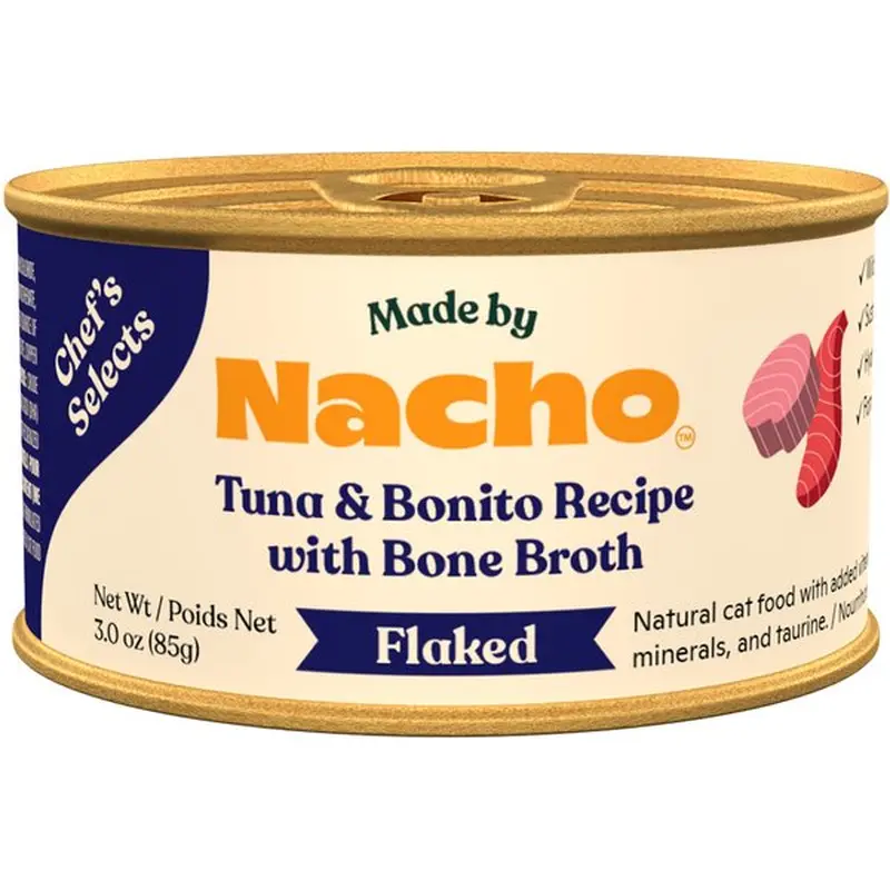 Nacho Flaked Tuna & Bonito Recipe in Bone Broth Wet Cat Food 3oz can