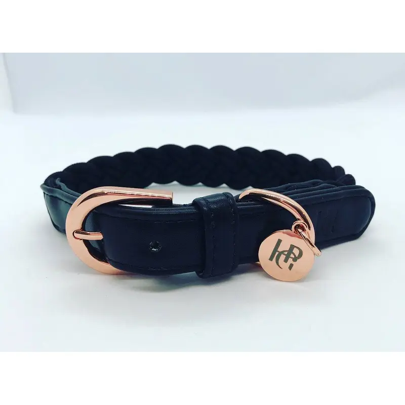 Dog Collar Black Plaited - Rose Gold in