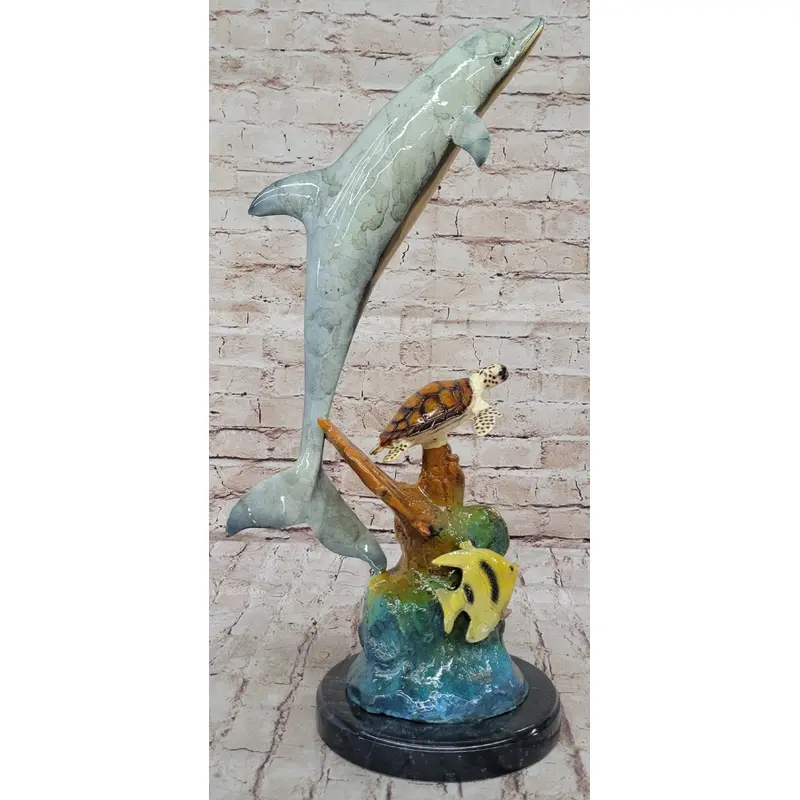 Dolphin Sea Turtle and Fish Colorful Bronze Metal Sculpture Statue Marine Decor Signed Numbered