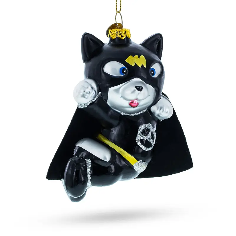Flying Super Dog in Black Costume Glass Christmas Ornament