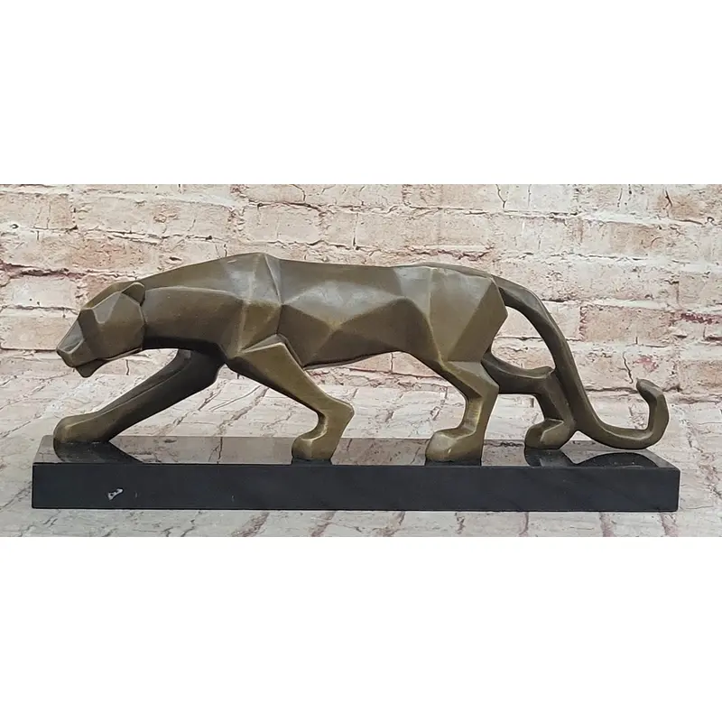 Geometric Modern Art Bronze Sculpture of a Lion Cougar Puma on Marble Base