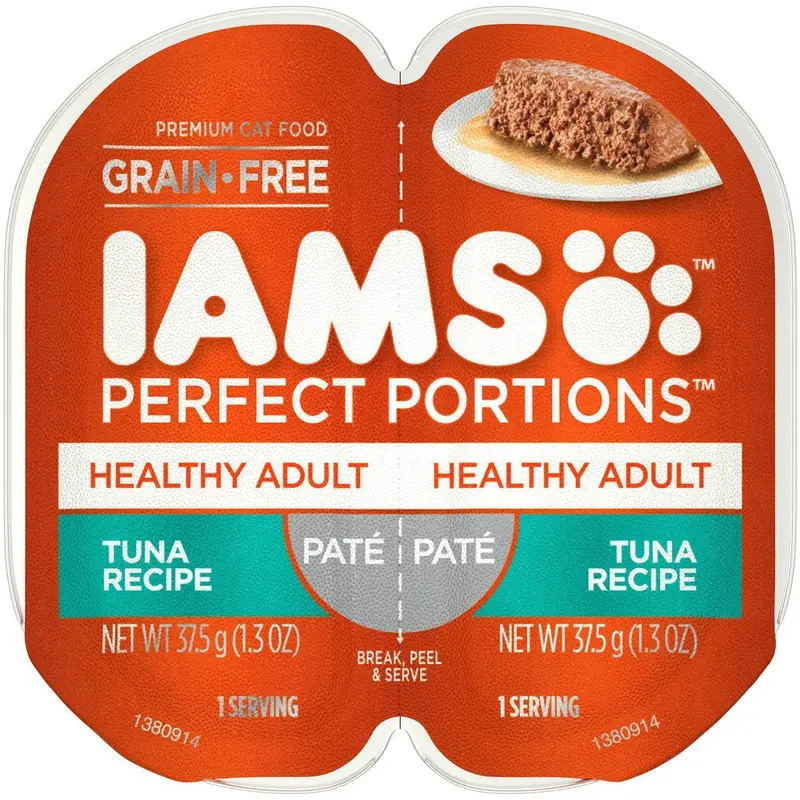IAMS PERFECT PORTIONS Healthy Adult Grain Free Wet Cat Food Pat, Tuna Recipe, 2.6 oz. Easy Peel Twin-Pack Tray