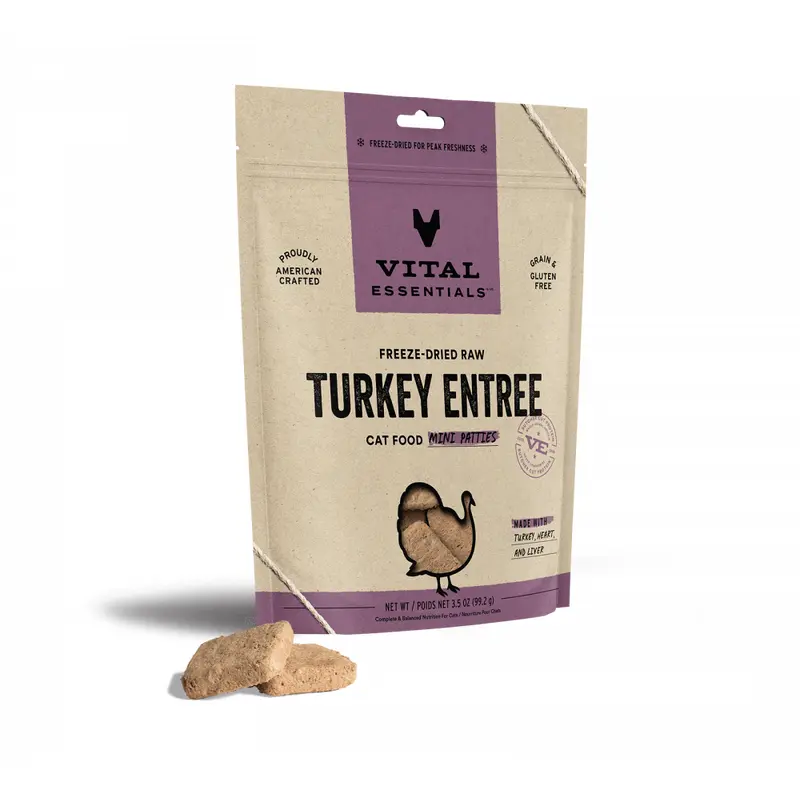 Vital Essentials Grain Free Turkey Dinner Patties Freeze Dried Raw Food for Cats