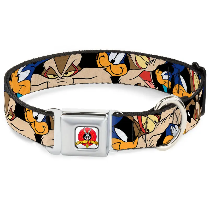 Looney Tunes Logo White Seatbelt Buckle Collar - Road Runner/Wile E. Coyote Expressions Stacked Black