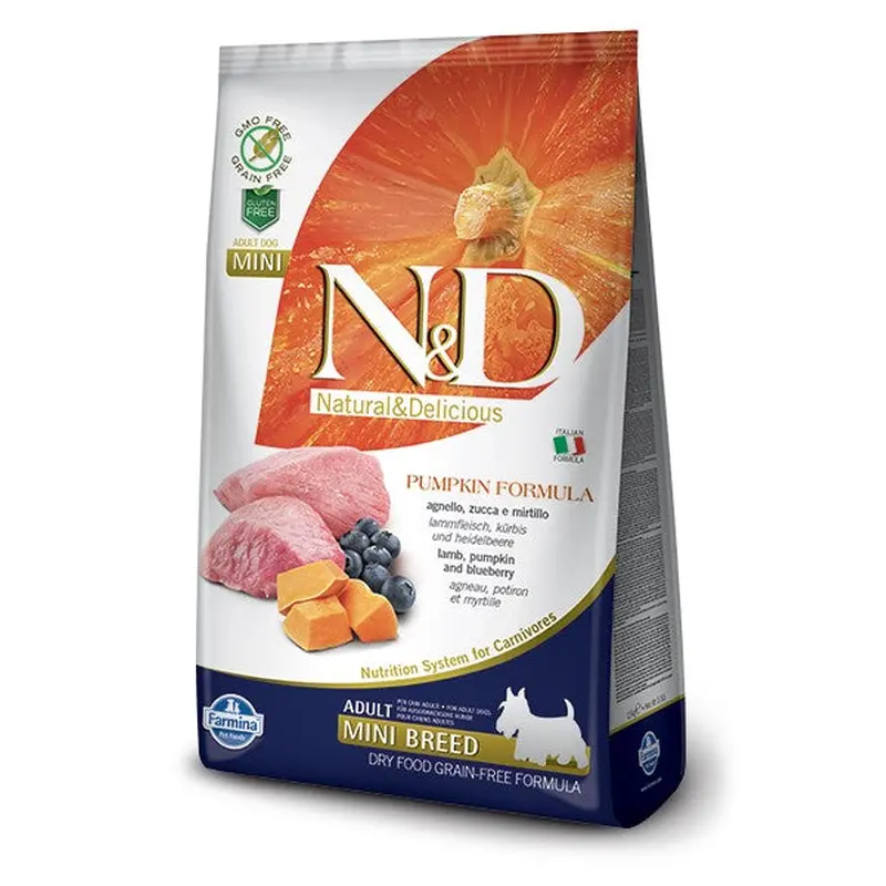 Farmina N&D Pumpkin Grain Free Grain Dry Dog Food - Lamb & Blueberry, Mini Kibble - 15.4lb