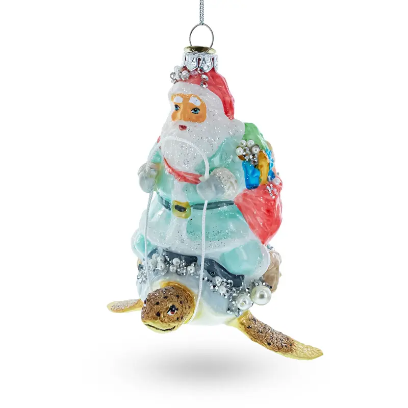 Santa Riding Turtle Blown Glass Christmas Ornament