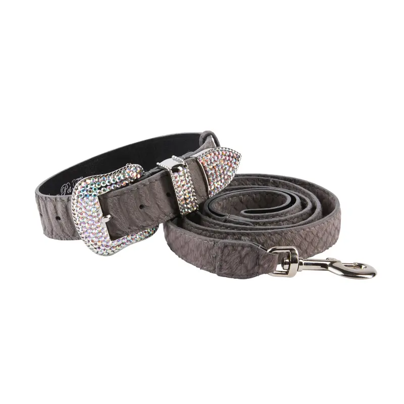 Dark Grey Snake Print Hair On Hide Italian Leather Collar & Leash Set With Swarovski Crystal Hardware