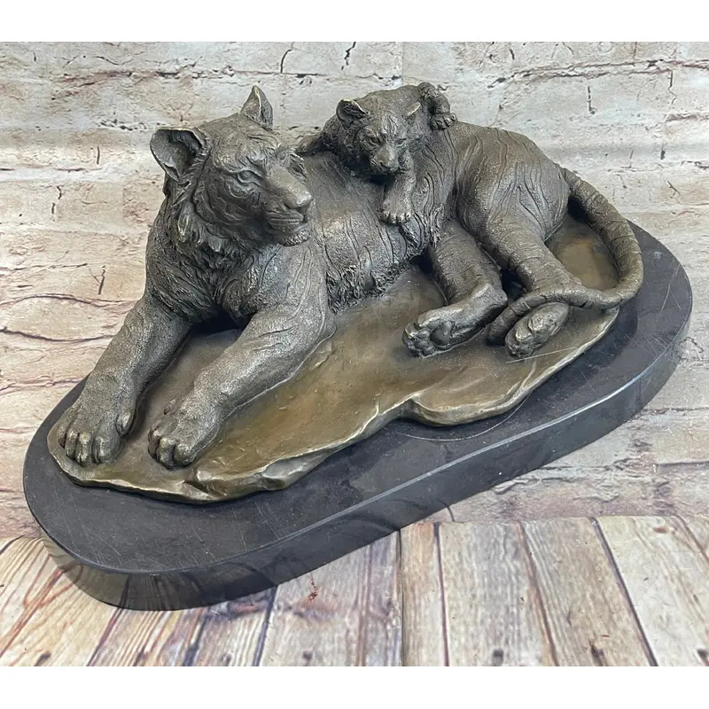Tiger Family Mother & Cub Bronze Statue Sculpture Figure Marble Base Original Art 8" x 16"
