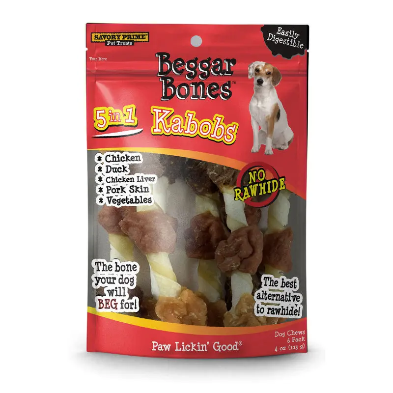 Savory Prime 7.8 in. Beggar Bones 5-in-1 Kabobs Grain Free Treat for Dogs - Pack of 6