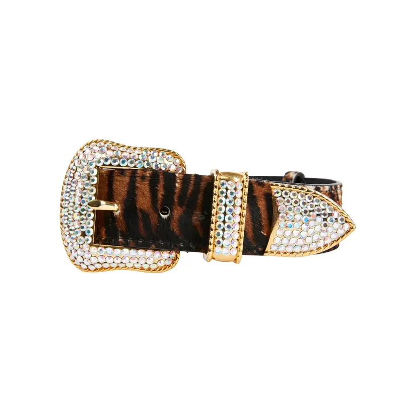 Tiger Print Hair On Hide Collar With Swarovski Crystal Hardware