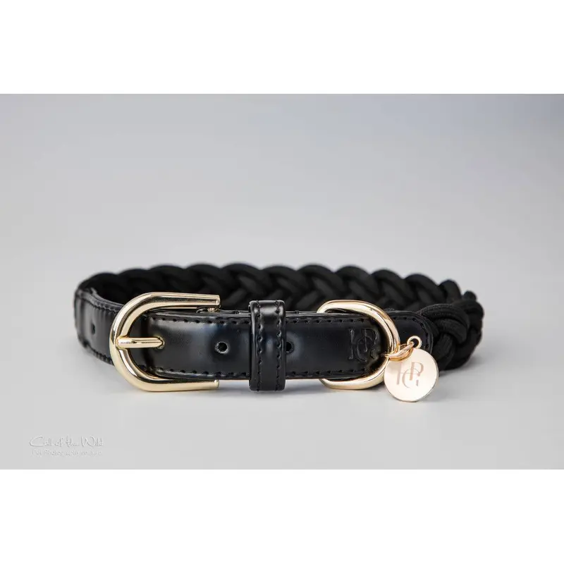 Dog Collar Black Plaited - Yellow Gold