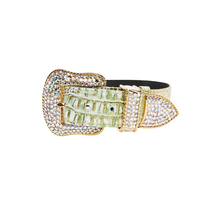 Green & Gold Embossed Croc Italian Leather Swarovski Crystal Collar