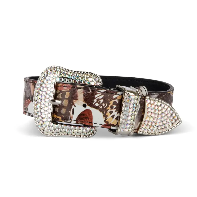 Butterfly Print Italian Leather Collar With Custom Swarovski Crystal Hardware