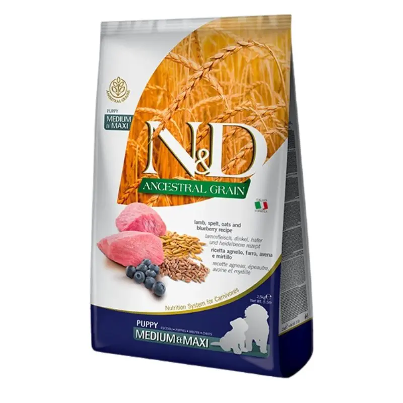Farmina N&D Ancestral Grains Puppy Dry Dog Food - Lamb & Blueberry, Medium/Maxi Kibble - 5.5lb Bag