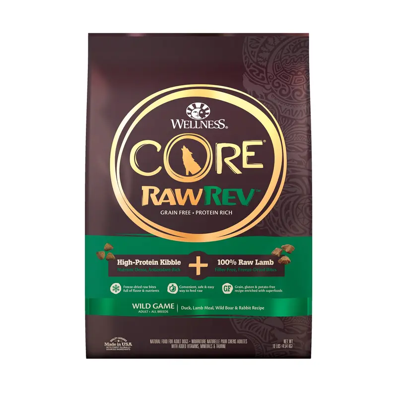 Wellness CORE RawRev Natural Grain Free Dry Dog Food Wild Game Duck Wild Boar & Rabbit with Freeze Dried Lamb 10lb Bag