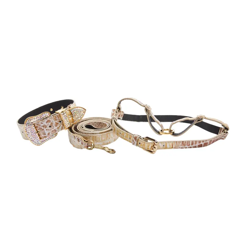 Silver/Bronze/Gold Italian Leather Embossed Croc Swarovski Crystal Collar, Leash & Harness Set