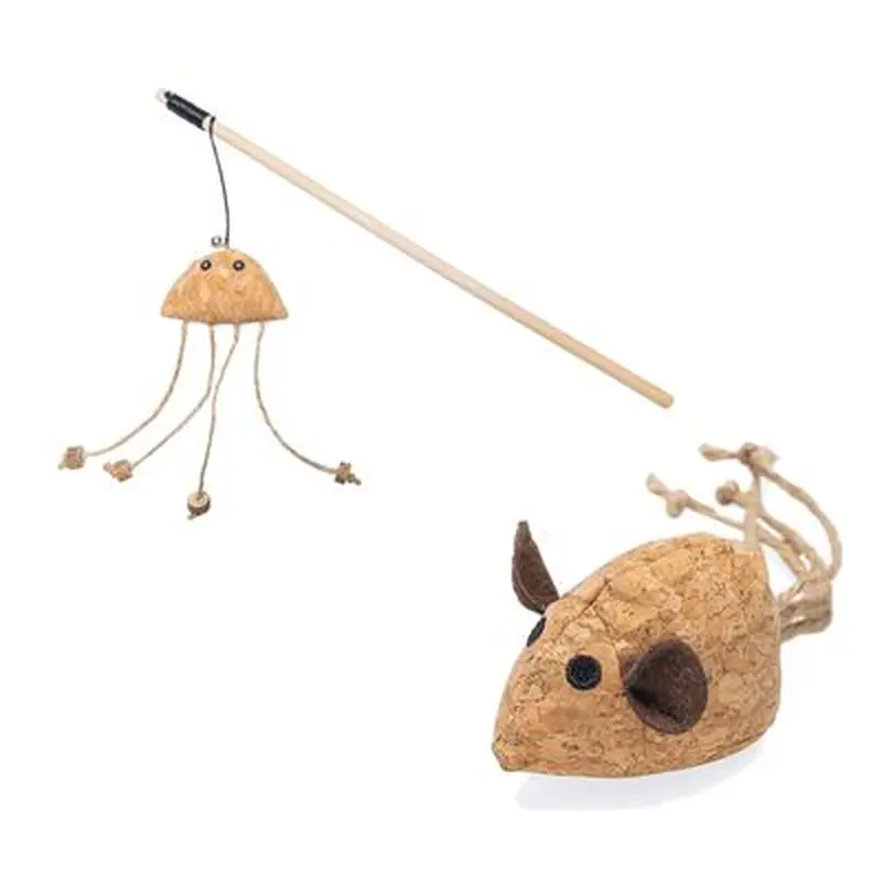 Beeztees Catnip Cat Toy Set Cork - Cork Mouse Reinie + Cat Fishing Rod Cctopus Tako