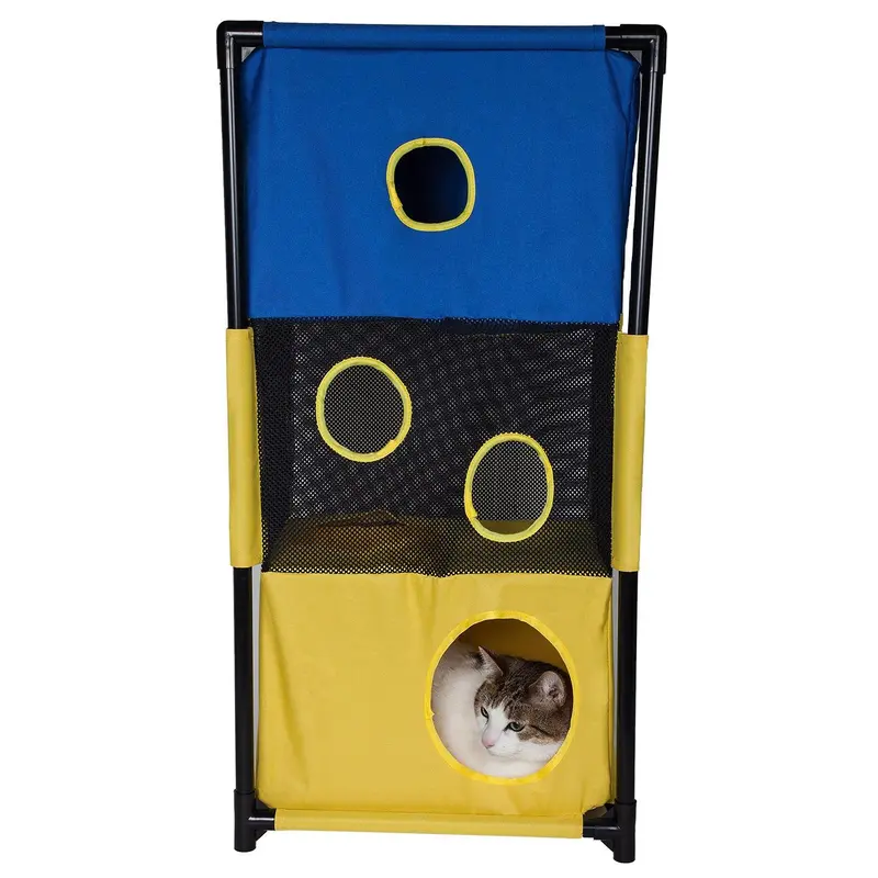 Pet Life Kitty-Square Collapsible Cat Playhouse Lounger - Blue and Yellow