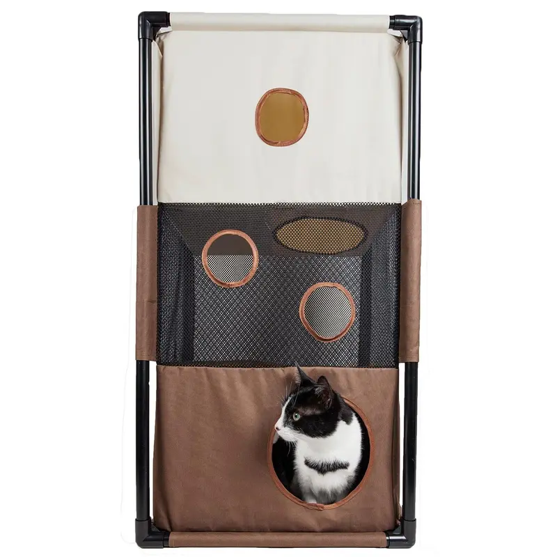 Pet Life Kitty-Square Collapsible Cat Playhouse Lounger - Khaki and Brown