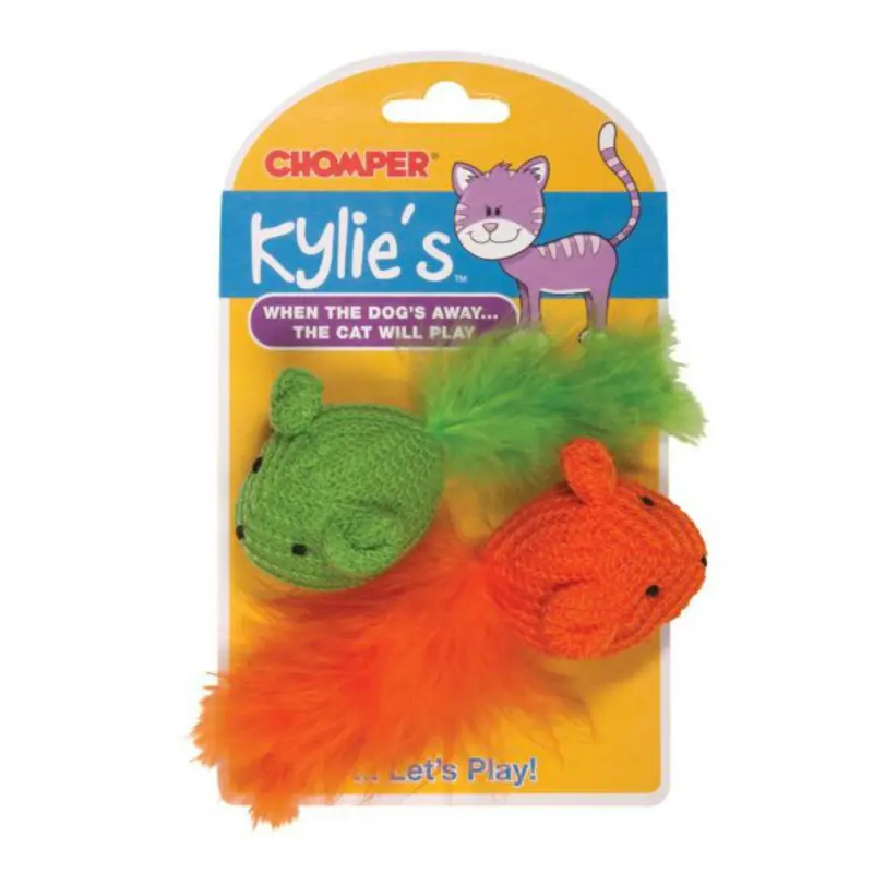 Chomper Kylie's Brights Knit Mouse with Feathers Cat Toy - 2-Pack